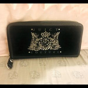 Juicy Couture Boutique Black Velvet and Leather Rhinestone Zip Around Wallet